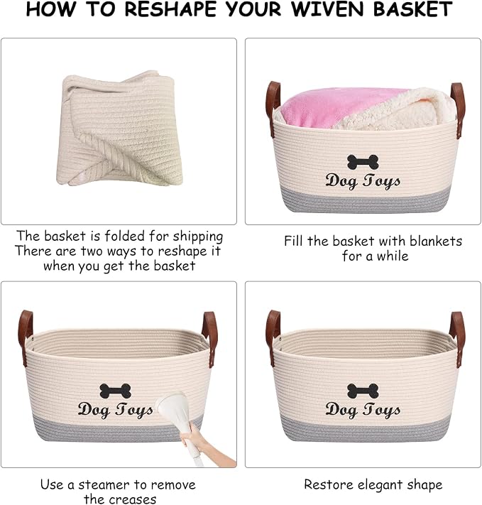 X-Large Cotton Rope Dog Basket with Leather handle Blanket Storage Basket Decorative Clothes Hamper Basket | Extra Large Baskets for Blankets or Laundry-Beige/Gray
