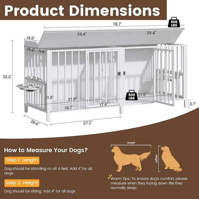 BOINN 78 Inch Dog Crate, Large Dog Crate for 2 Dogs, Dog Kennel Indoor for Large/Medium Dogs with Top Access Door, XL Wooden Dog Cage with 360 Degree Rotatable Stainless Bowls, Heavy Duty Steel Frame