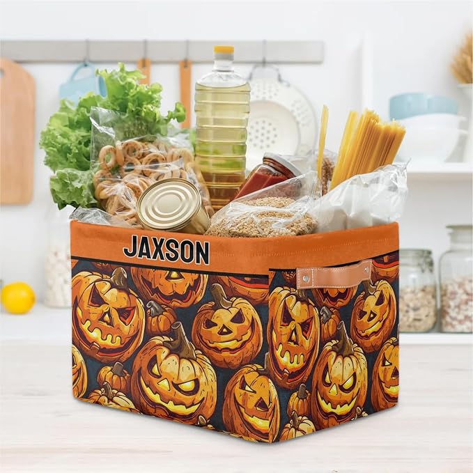 Custom Storage Baskets for Kids Name, Large Foldable Organizer Collapsible Storage Bin with Leather Handle for Home Toys Closet Nursery, Painted Happy Halloween Pumpkin