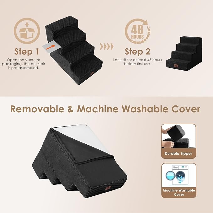 EHEYCIGA Dog Stairs for Bed 18" H, 4-Step Extra Wide Dog Steps for High Bed, Pet Steps for Small Dogs and Cats, Non-Slip Balanced Pet Ramp Indoor, Black