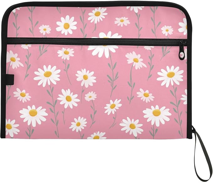 13 Pocket Zipper Expanding File Folder A4 Daisy Flower Pink Print | Accordion File Organizer with Front Pouch A4 Letter Size Portable Folders for Documents Receipt School Office Supplies