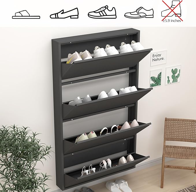GREATMEET Black Shoe Cabinet Storage for Entryway, Narrow Shoe Cabinet for Entryway Slim, Wall Mounted Metal Hidden Shoe Organizer with 4 Flip Drawers