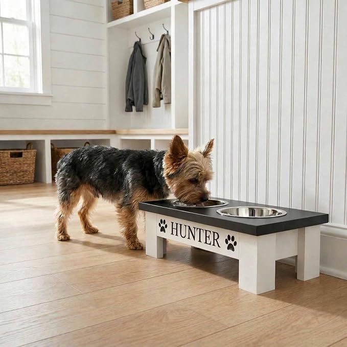 Personalized Dog Bowls Stand for Small Dogs, Wood Elevated Feeding Station | Farmhouse Style, Stainless Steel Dishwasher Safe Bowls, Raised Anti-Slip Feeder, Made in USA