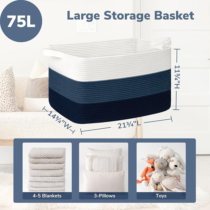 Goodpick Large Woven Rope Blanket Basket, Rectangle, Light Blue | 21.6'' x 14.9'' x 11.8'' Storage Basket for Toys, Books & Blankets, Bedroom & Nursery Organization, Reinforced Handles