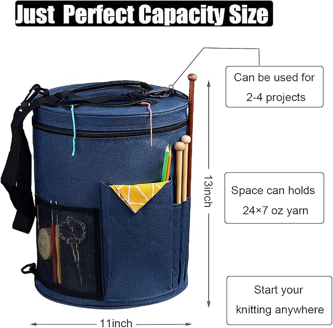 Weabetfu Large Capacity Portable Yarn Organizer Knitting Tote Storage Bag with Shoulder Strap Yarn Bags Have Pocket for Crochet Hooks,Knitting Needles & Accessories,Prevent Yarn Tangle(Blue)