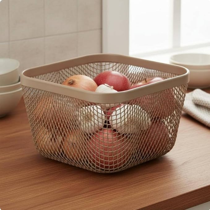 Metal Storage Basket Wire Organizer Bin Mesh Container Holder Ventilated Iron Construction With Smooth Surface For Pet Supplies Grooming Items In, White, Square