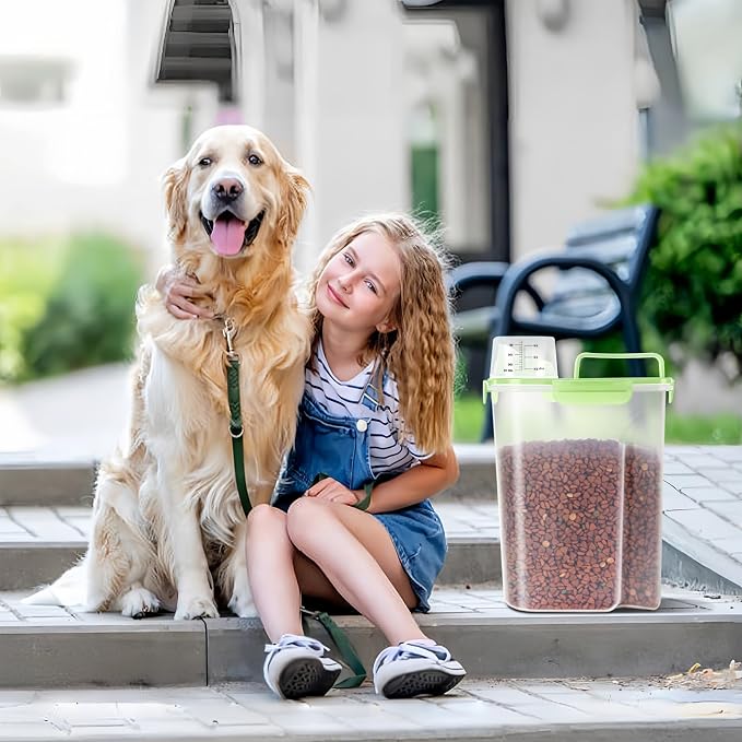 LEAWALK 5-7Lbs/6Qt Dog Cat Storage Container Portable with Upgraded Large Spout and Cup, Plastic Pet Food Dispenser for Small Animal Kibble, Bird Seed, Oatmeal, Rice, Flour, Brown Sugart (Clear Green)