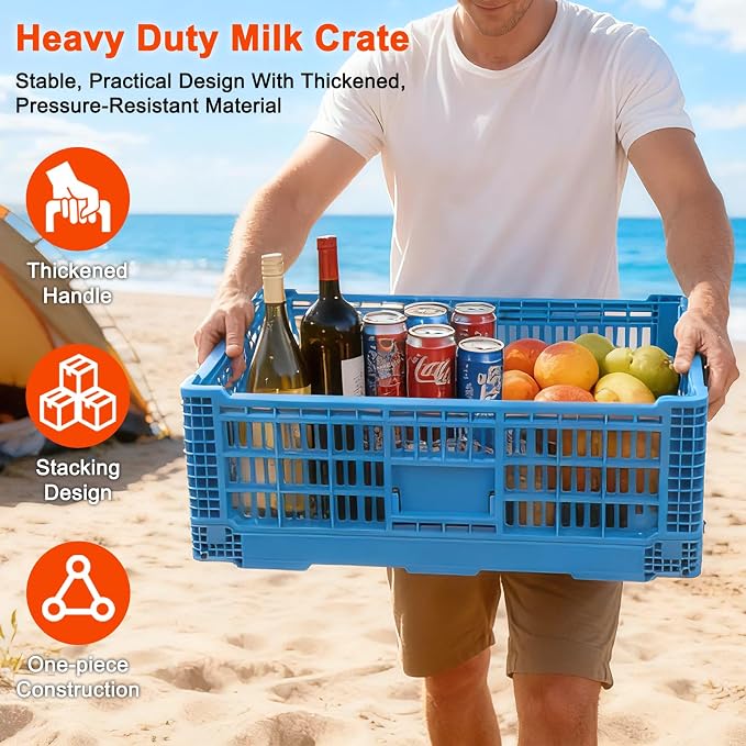 52L Plastic Collapsible Storage Bins with Handles, | Stackable Folding Storage Crates, Hold 130 lbs Per Bin, Heavy Duty Milk Crates Containers for Home Organizing