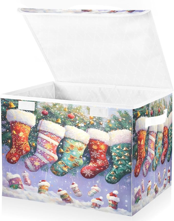 senya Christmas Baskets Collapsible Storage Bins with Lids, Christmas Stocking Storage Boxes Clothes Baskets for Organizing