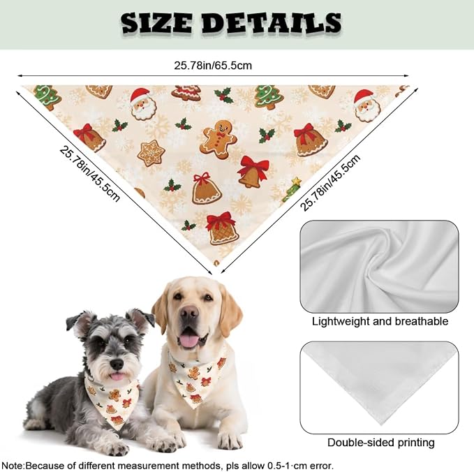 COEQINE Christmas Dog Bandanas Cute Gingerbread Beige Xmas Decor Dog Apparel & Accessories Pet and Owner Matching Outfits with Elastic Hair Tie Organizer Set 2 Pcs for Holiday Costum