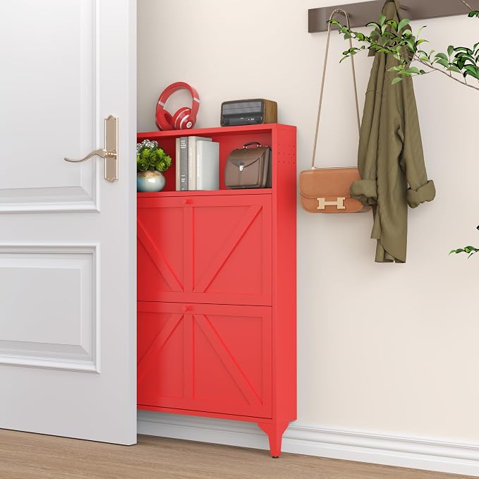 Shoe Cabinet with 2 Flip Drawers, Narrow Shoe Storage Cabinet, Farmhouse Shoe Organizer, Freestanding Organizer with Metal Legs for Entryway, Foyer (Red, 2 Door)