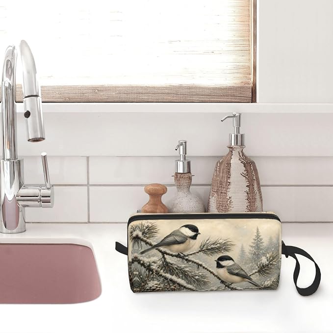 Chickadee Pair on Snowy Pine Makeup Bag for Women, Cosmetic Pouch | Double-Sided Winter Chickadee Cosmetic Organizer with Foam Padding for Women, Travel, Gym, School, and Daily Storage