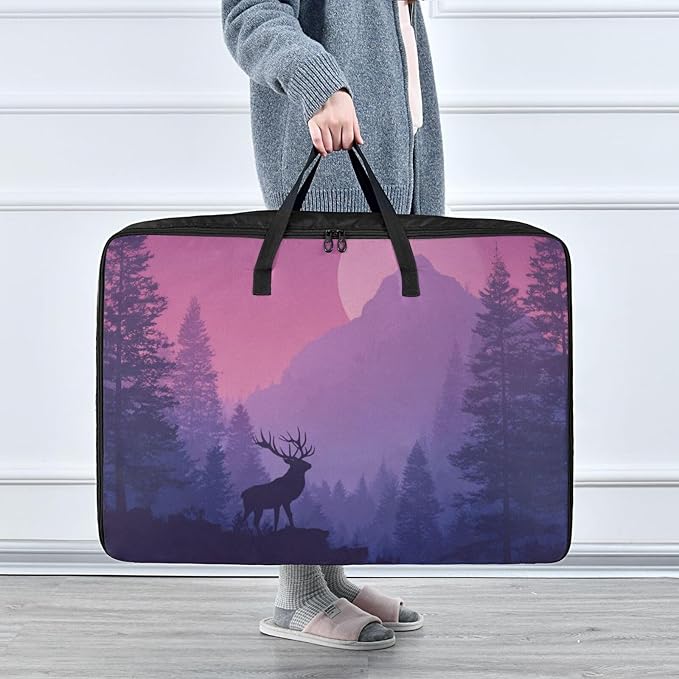 Comforter Storage Bags Large Folding Blanket Organizer Bag with Strong Handles Clear Window Closet Storage Containers for Clothes King Queen Pillows Bedding Quilt Duvet Purple Christmas Sunset