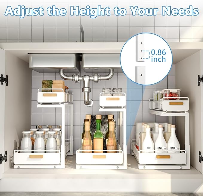 Under Sink Organizer Kitchen - Upgraded Professional Rails, 2 Tier Dual Pull Out Cabinet Storage, Height Adjustable Under Sink Storage, Metal Sliding Drawer for Kitchen & Bathroom, White, 1 Pack