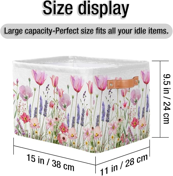 Pardick Basket Storage Bins Flower Floral Pink Rectangle Cube Basket Box Kids Girls Boys Toys Organizer Beaket Decor Foldable with Handle for Living Room Bedroom Closet Nursery Office Shelf Gifts