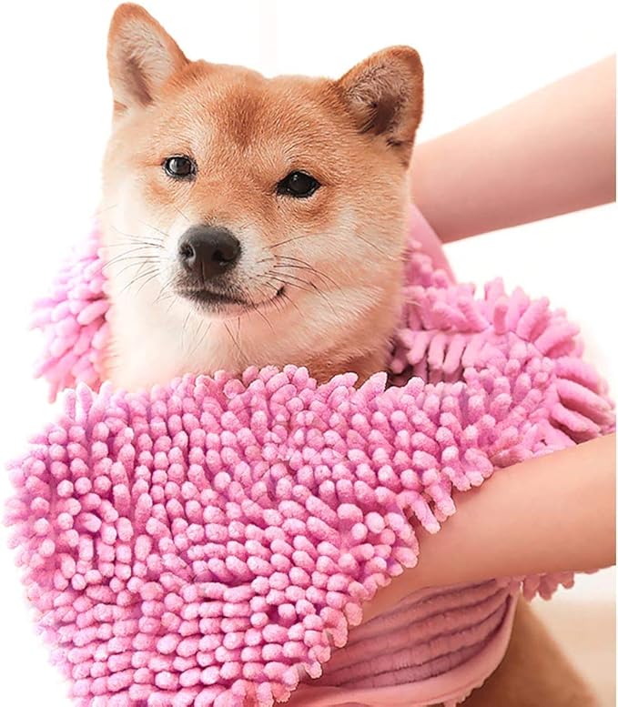 Dog Towel - Microfiber Super Shammy with Hand Pockets, Ultra Absorbent Quick Dry Pet Bath Towels for Small, Medium, Large Dogs and Cats (Medium, 24'' x 14'', Pink)