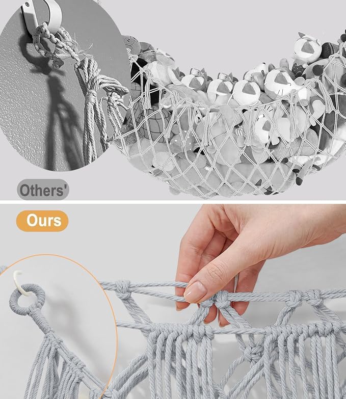 Stuffed Animal Net Hammock, Save Space Eliminate Clutter (Light Grey) | Premium Cotton Hand-knitted plush hammock, Boho Stuffed Animal Storage for Nursery, Bedroom Decor, playrooms
