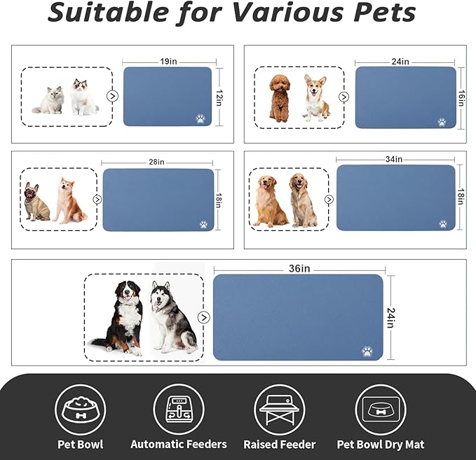 HotLive Dog Food Mat - Absorbent Cat Mat for Food and Water, No Stains Pet Feeding Bowl Mat, Easy to Clean Pet Placemats, Quick Dry Dog Water Dispenser Mat for Messy Drinkers | Paw Blue 18"x28"