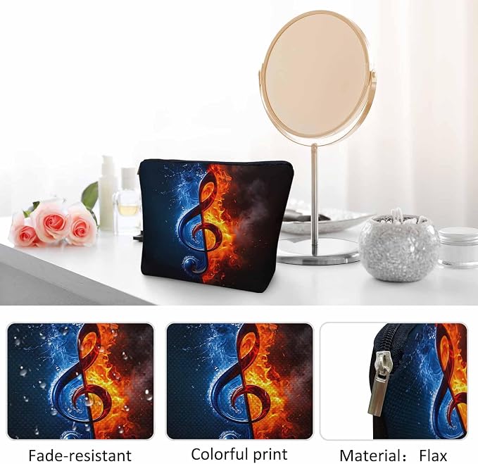 Treble Clef Cosmetic Travel Bag - Music Note Makeup Bag for Toiletry Items, Flax Material, Birthday Gift