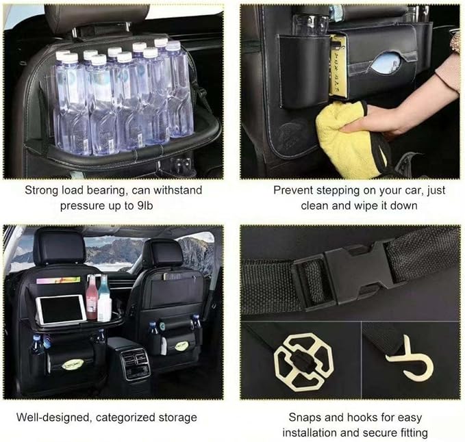Premium PU Leather Backseat Seat Organizer with Foldable Table, Multi-Storage Pockets and Adjustable Buckle Strap for Automobiles