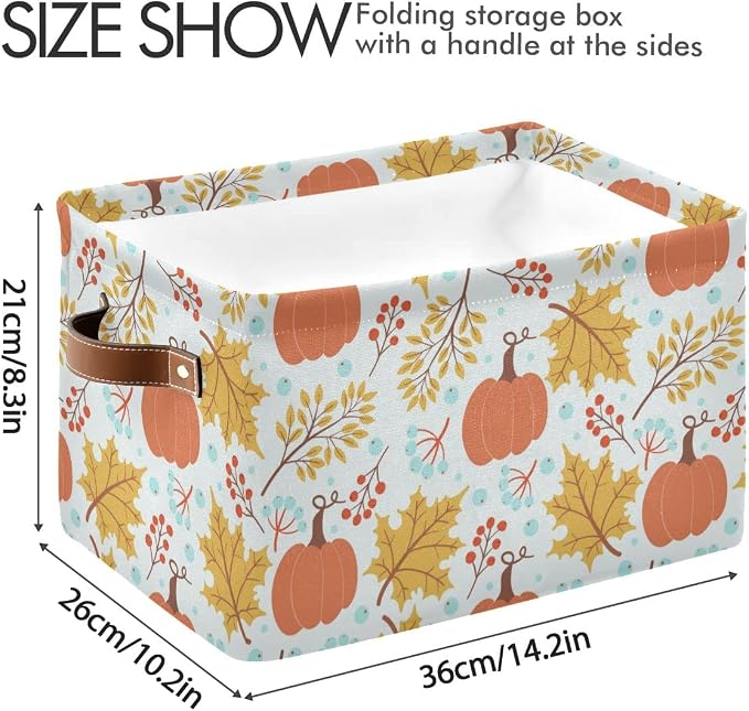 Fall Pumpkin Storage Basket Fabric Storage Bin Laundry Baskets Autumn Maple Leaves Foldable Storage Boxes Organizer Bag for Baby Cloth Dog Toy Book Storage Cubes Shelf Closet Basket 16×12×8 Inches