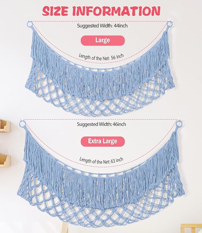 Stuffed Animal Hammock - Extra Large 63'' Long (Light blue) | Premium Cotton Hand-knitted, Beautiful Long Tassel, Storage Hanging Organizer, Can Fit Stuffed Animals 40 Piece or More