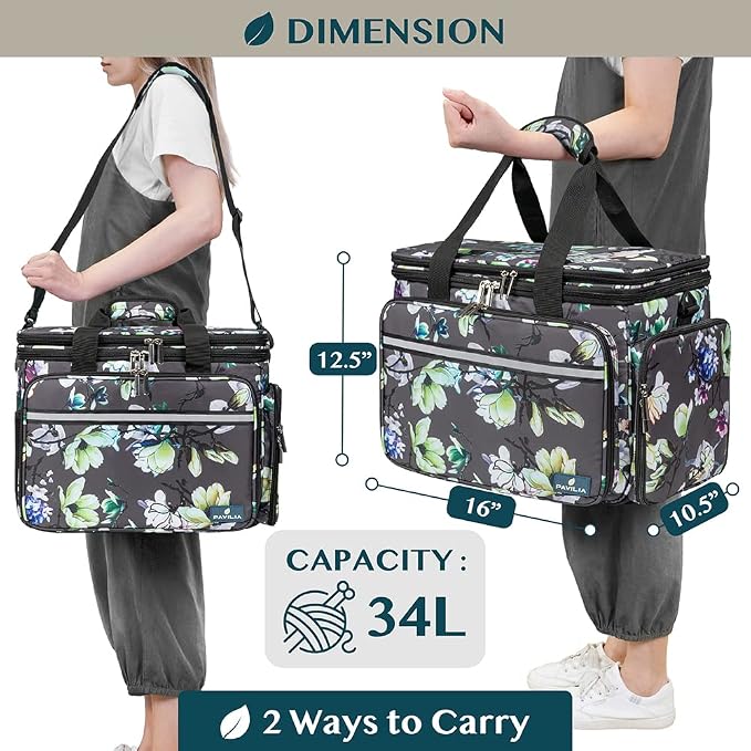 PAVILIA Knitting Bag Yarn Storage Tote, Large Crochet Organizer Bag, Yarn Storage Holder for Crocheting Knitter, Knitting Project Bag, Crochet Accessories Set, Gifts For Crochet Lovers, Floral Gray