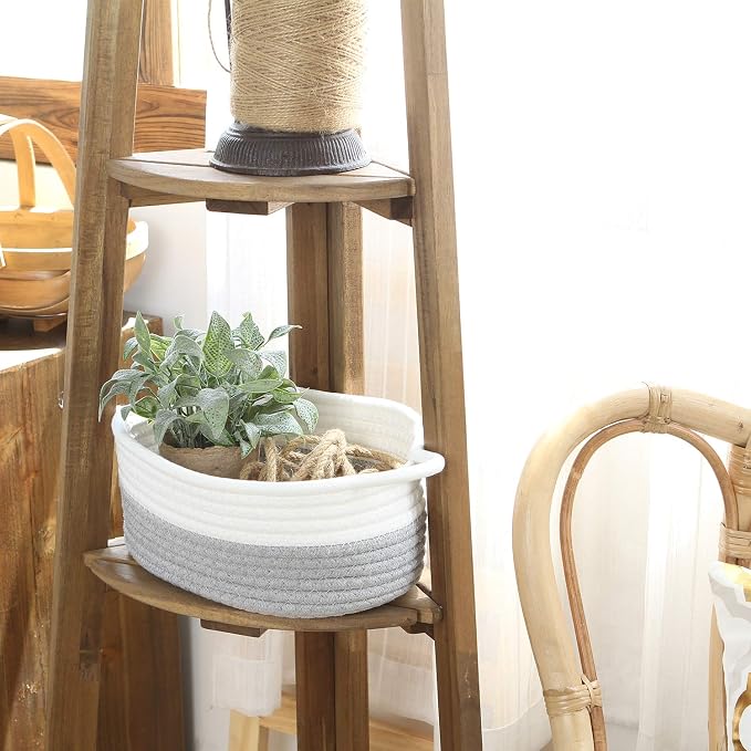 Sea Team 2-Pack Compact Woven Cotton Rope Storage Baskets, Gray | Knitted Decorative Organizer Bins with Handles, Portable Oval Containers for Small Items, Keys, Makeup, Jewelry, Trinkets