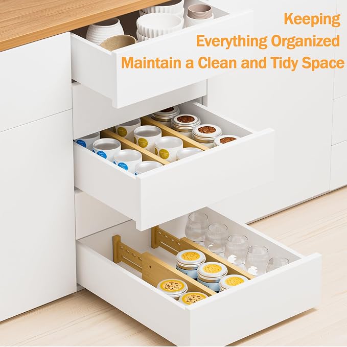 Bamboo Drawer Dividers, 4" High Drawer Organizers for Clothes/Utensils | 12.8-18" Expandable Wooden Drawer Separators for Dresser, Kitchen, Bathroom, Nursery, Office Organization & Storage, 4 Pack