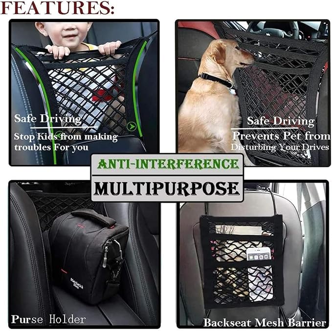 DYKESON Dog Car Net Barrier with Mesh Organizer, Pet Divider for Cars, SUVs | Upgraded Pet Barrier With Stretchable Storage Bag Pouch，Auto Backseat Net, Pet kids Safety Divider, Easy Install (3 Layer S)