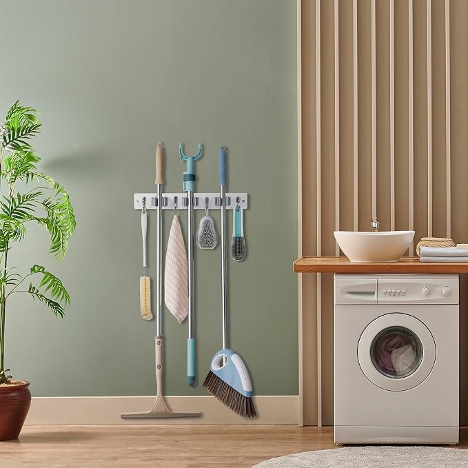 OUTNILI White Mop Broom Holder Wall Mount with 3 Slots & 4 Hooks - Wood Broom Mop Hanger for Pantry Kitchen Organization - Garden Tool Organizer for Closet Laundry Room