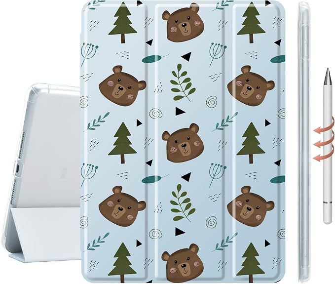 Cute Bear Case for 11" iPad Air(2024), Clear TPU Smart Stand Back Cover with Pencil Holder, Auto Wake/Sleep Foldable Shockproof Protective Case
