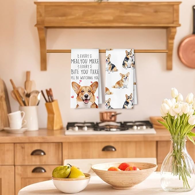Corgi Dog Kitchen Towels Set of 2, Corgi Gifts for Lovers Women Men Dish Tea Towels for Kitchen Decor, Dog Mom Lovers Owners Gifts Hand Towels, 16x24 Inches