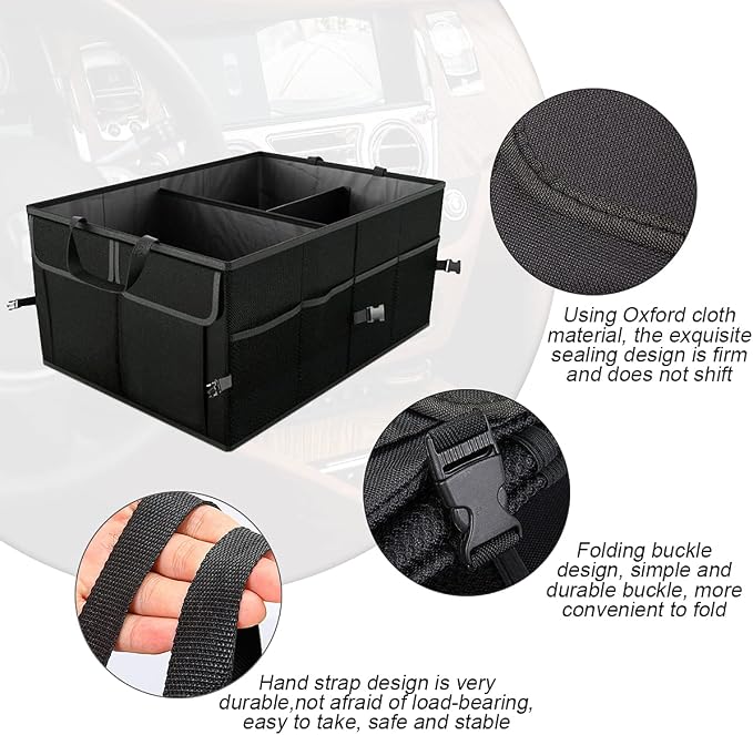 8sanlione Car Trunk Organizer, 3 Compartments, 7 Storage Areas, Black1 | For sedans, SUVs, vans, woven fabric shell, side grips, light-item sorting, wipe-clean care, automotive interior accessories