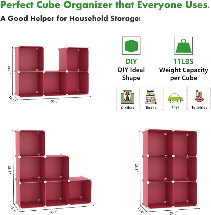 C&AHOME 6-Cube Storage Organizer Cube Shelf Closet Storage Bookcase, Red | Stackable Cubby Storage, Bookshelf, Portable Plastic Storage Closet Organizer, DIY Modular Shelving Units for Home, Wardrobe