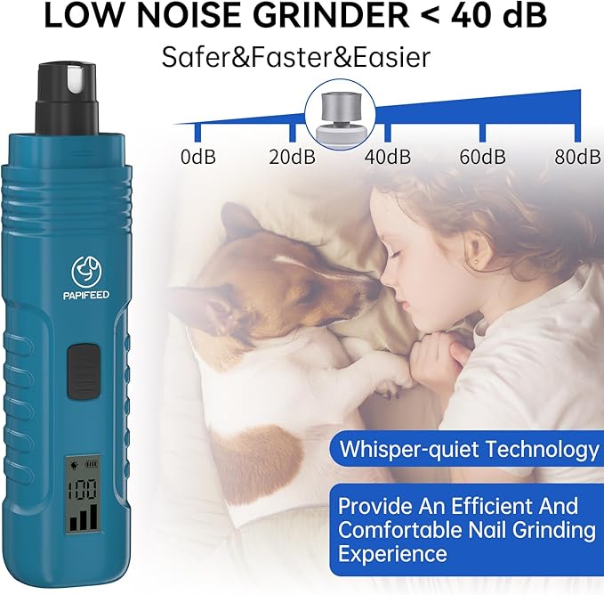 PAPIFFEED Dog Nail Grinder with LCD Display – Quiet Electric Nail Trimmer with Dual LED Light, Safe for Black & Thick Nails, Rechargeable for Small Medium Large Dogs & Cats (Blue)