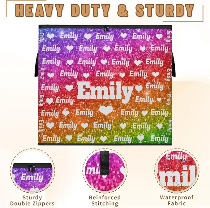 Personalized Storage Bags with Lid Large Blanket Love Heart Organization and Storage Containers for Comforters,Bedding, Foldable Organizer with Reinforced Handle, Deep Bright Color Sequins Glitters