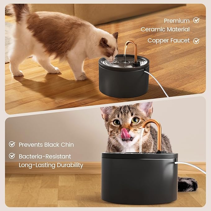 MISFANS Ceramic Cat Water Fountain - 2.1L/71oz - All-Ceramic Body & Pure Copper Water Spout - Non-Toxic - Automatic Pet Drinking Fountain Indoor with Ultra-Quiet Pump, and 3Pcs Filter & Sponge (Black)