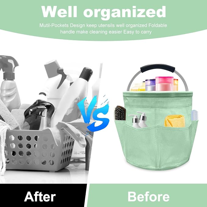 17L Cleaning Caddy with Handle, Foldable Cleaning Supply Caddy with 6 Pockets Cleaning Caddy Bag for Outdoor Camping Garden Harvest Basket Bathroom Storage (Clear Green)