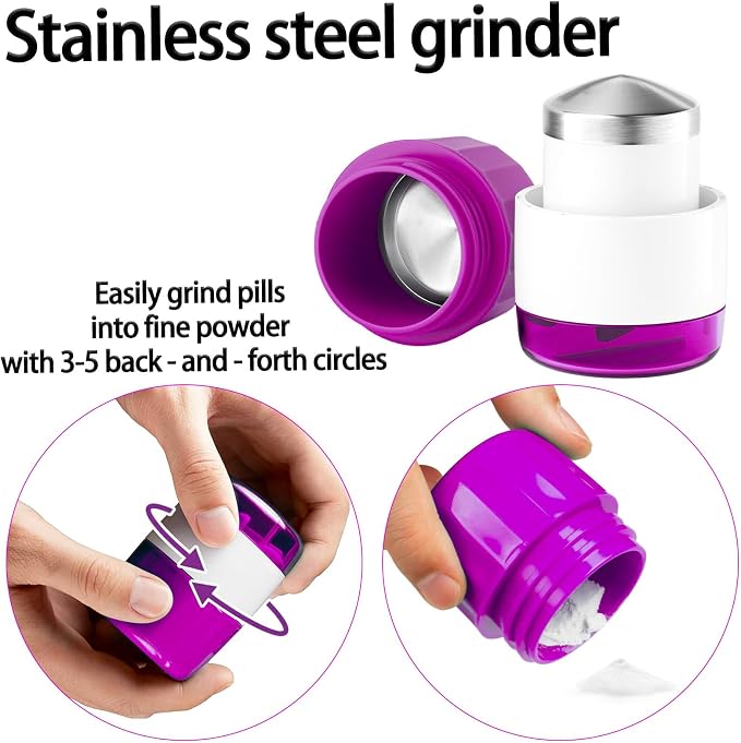 Pill Cutter Splitter for Small and Tiny Pills Vitamins Tablets, Built-in Storage Compartment, Pill Crusher Fine Powder with Stainless Steel Grinding Head,Pills Grinder with Pill Box Organizer (Purple)