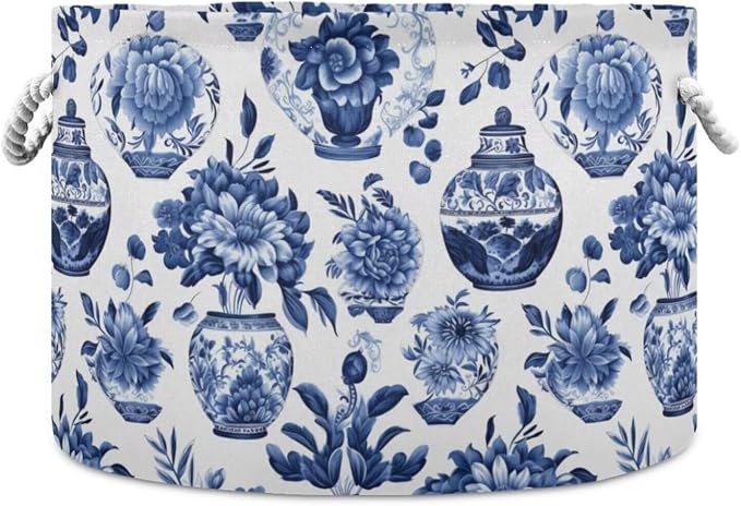 Blue White Floral Collapsible Round Storage Basket with Handles | Chinoiserie Vase Flower Large Laundry Baskets Hamper, Organizer Bin for Nursery Bedroom Living Room Decor, 20x 20x 14 Inches