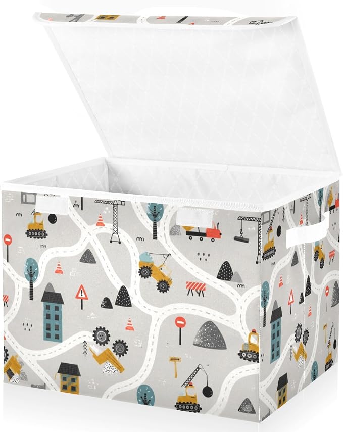 Car Map Pattern Storage Bins with Lids Closet Bedroom 40L Fabric Bin | Decorative Storage Boxes, Foldable & Stackable, Dust-Proof Flip Top, Reinforced Handles, For Home & Dorm, Clothes & Toy Box