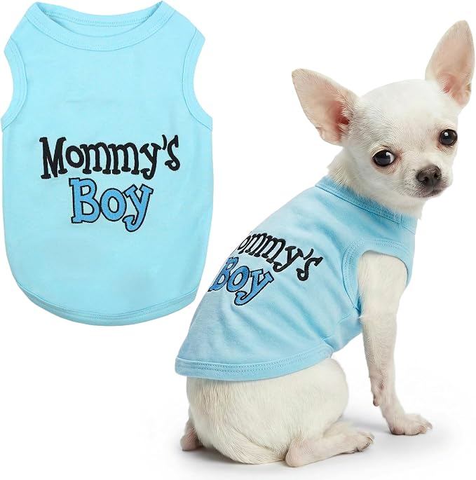 Parisian Pet Dog Shirt Mommy’s Boy Pet Shirt – 100% Cotton Shirts for Large Dogs – Blue Sleeveless Puppy Clothes – Lightweight and Breathable Dog Apparel – Boy Dogs Clothes - Stretchy Dog Shirt
