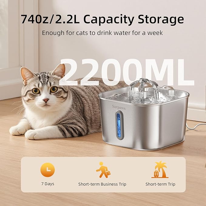 Cat Water Fountain Stainless Steel：74oz/2.2L SARPAWS Water Fountains for Cats Indoor, Cat Fountains for Drinking, Ultra-Quiet, Water Level Window, Pet Water Fountain - 6 Filters + 3 Sponges