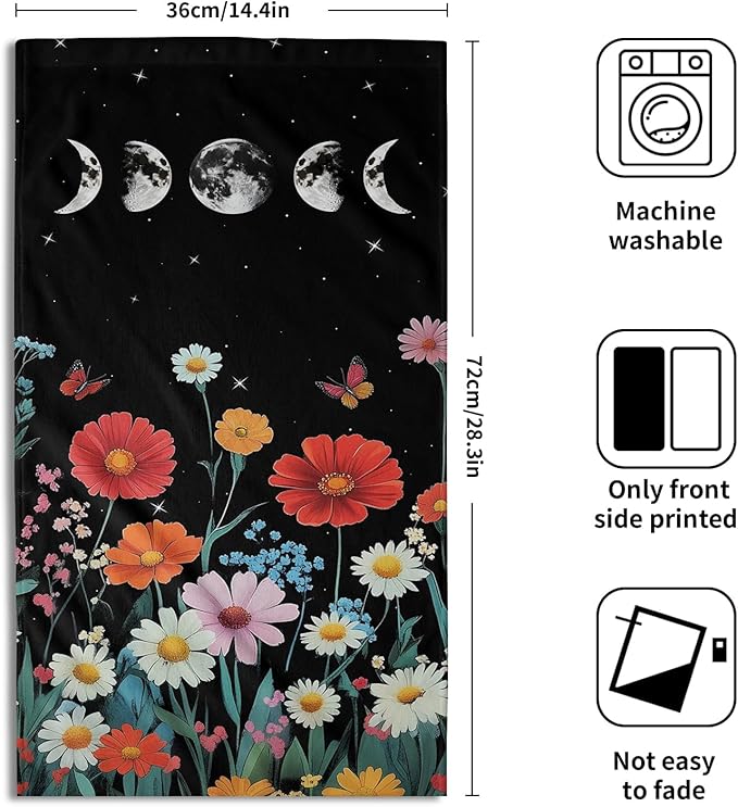 Giwawa Wild Flowers Hand Towel Set of 2 Colorful Boho Floral Moon Phases Towel Spring Summer Botanical Plant Face Towel Quick Drying Dish Wash Cloth for Hotel Bathroom Gym Home Spa Decor