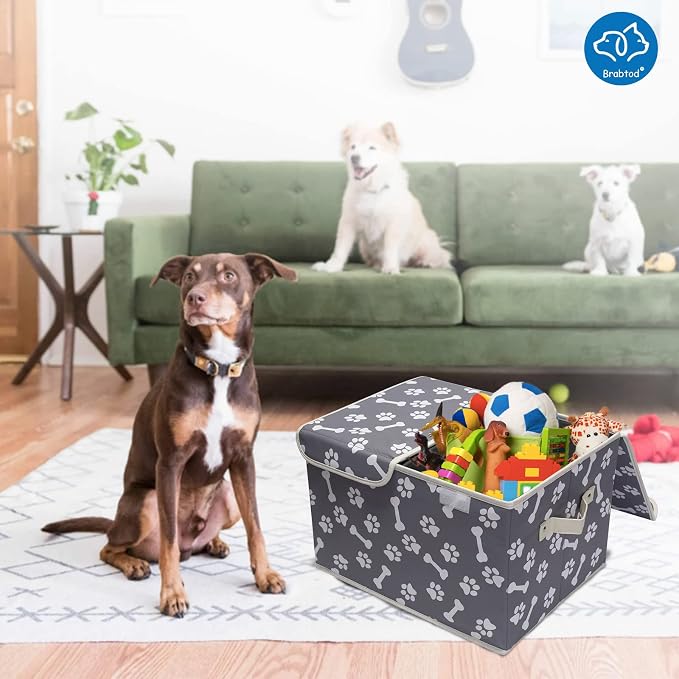 Large Dog Toys Storage Box Canvas Storage Basket Bin Organizer with Lid - Collapsible Linen Bin Ideal for Organizing Dog Cat Toys and pet Stuff-PP Boad-17" x 12" x 10" - Bone Claw