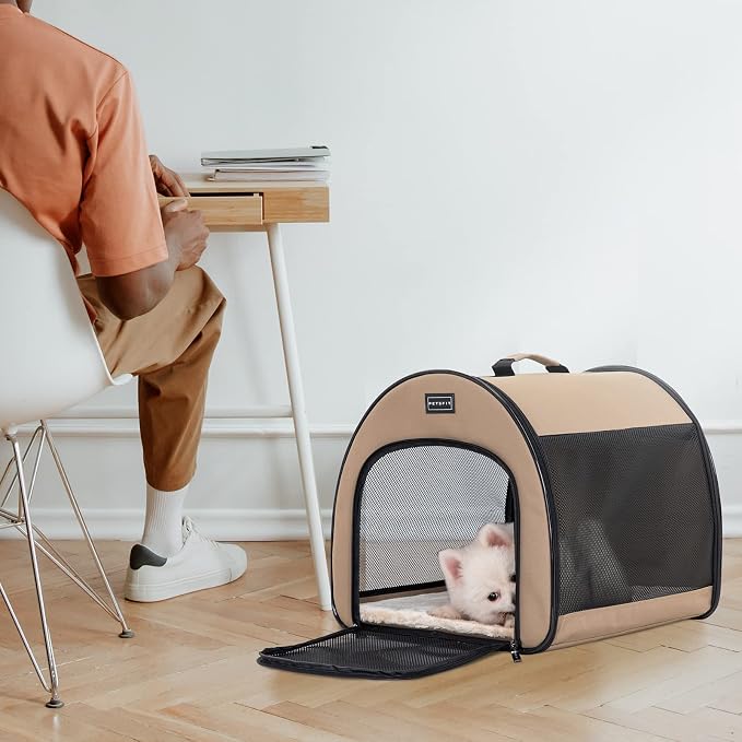 PETSFIT Portable Dog Crate, Travel Dog Crate - 19 Inch Lightweight, Roomy, Easy to Set Up, Sturdy Collapsible Dog Kennel with Thick Mat, Khaki