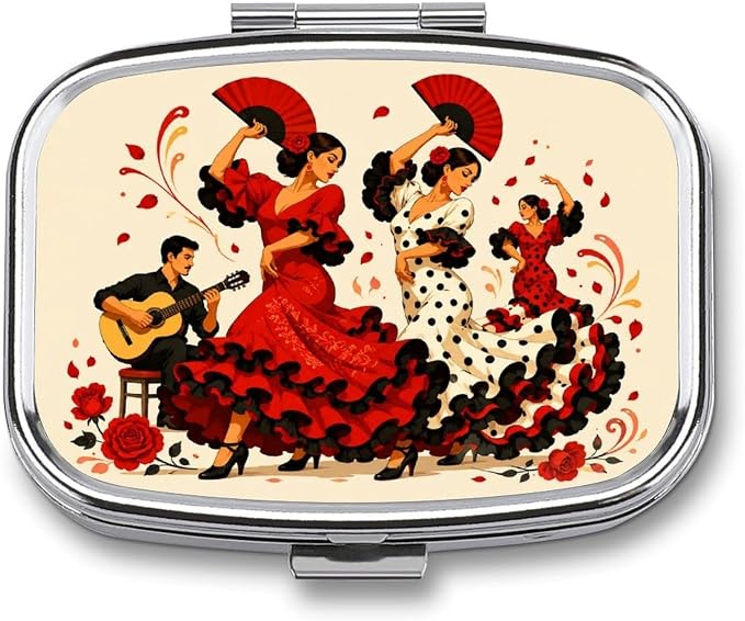 Flamenco Dancers Guitarist Roses Two Compartment Pill Box Medicine Organizer, Portable Pill Case with Secure Snap Closure for Vitamins Medication Supplements Daily Use