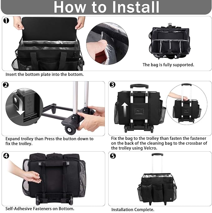 Rolling Cleaning Caddy Bag Built-in Hard Plastic Sheet Detachable Trolley | Aluminum foil lining, Adjustable dividers Adjustable Shoulder Strap and Multiple Storage Pockets