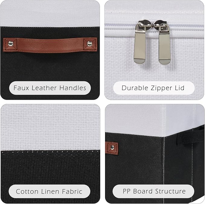 2PCS Storage Bins with Zipper Lids Decorative Lidded Basket Box | Clothes Container, Closet Shelf Organizer, Foldable Washable, Cotton Linen Fabric, w/ PU Leather Handles, Black White, Small